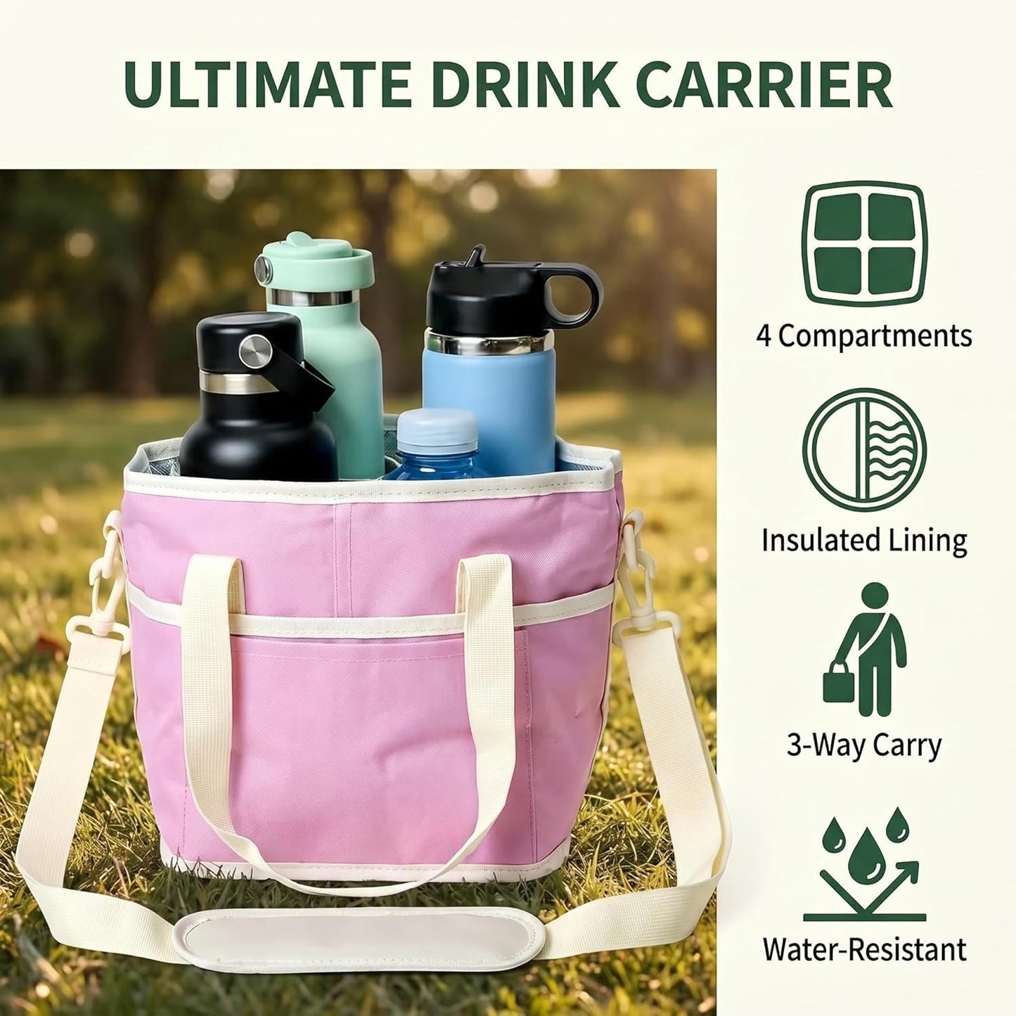 Drink Carrier Tote Bag, Water Bottle Holder with Adjustable Strap,4 Compartment Wate Drink Carrier Bag, Multiple Tumbler Holder Caddy for Coffee, Picnic, Office, Travel, Fits 4 Drinks