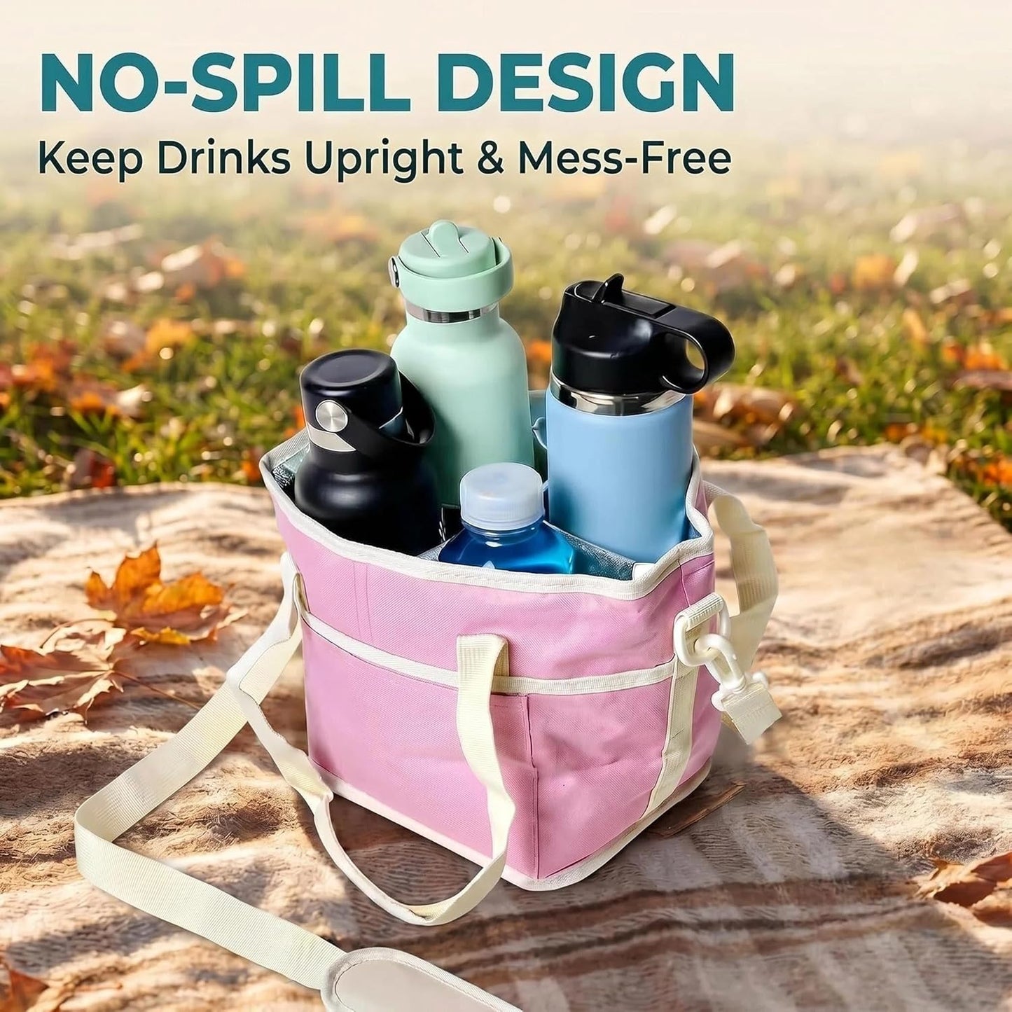 Drink Carrier Tote Bag, Water Bottle Holder with Adjustable Strap,4 Compartment Wate Drink Carrier Bag, Multiple Tumbler Holder Caddy for Coffee, Picnic, Office, Travel, Fits 4 Drinks