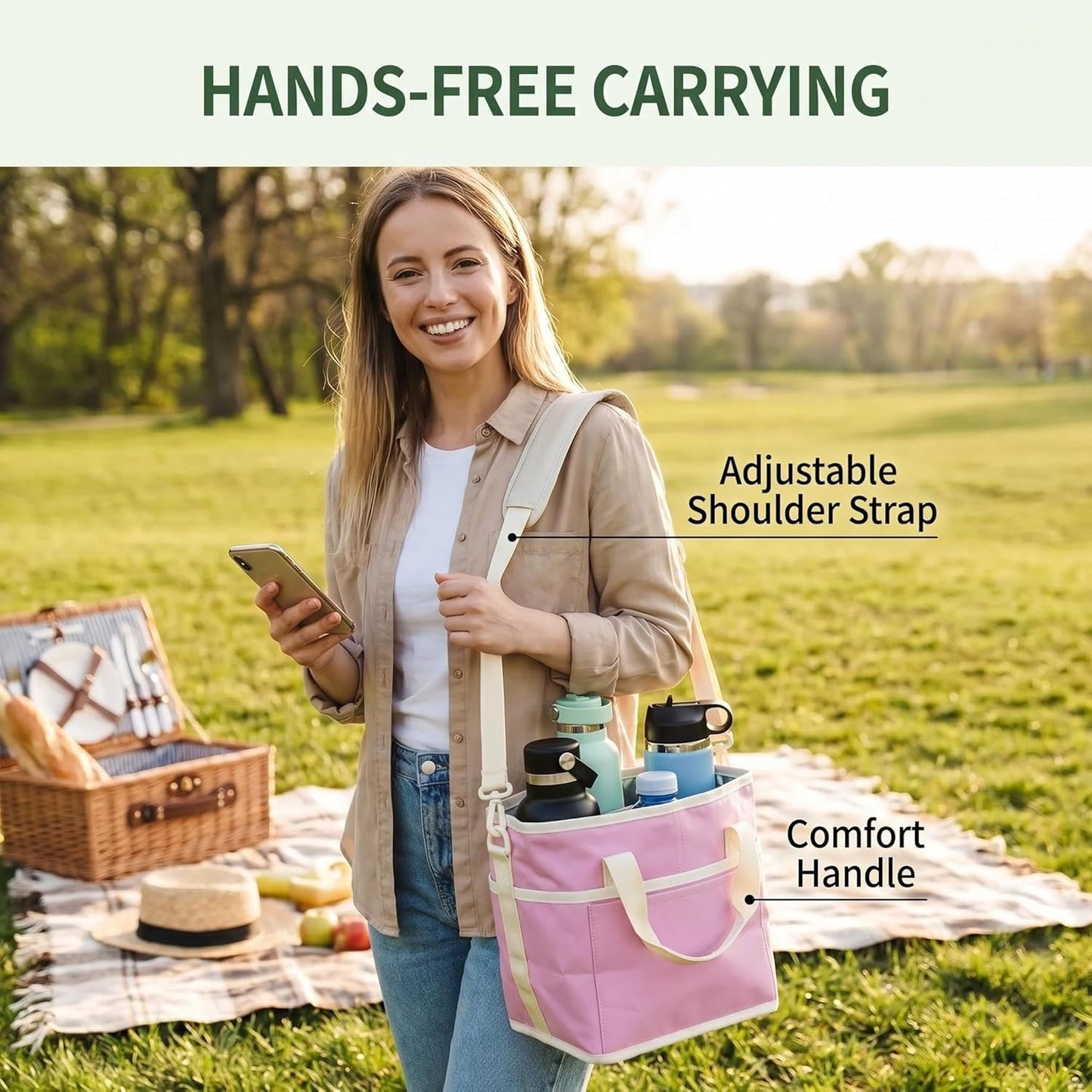 Drink Carrier Tote Bag, Water Bottle Holder with Adjustable Strap,4 Compartment Wate Drink Carrier Bag, Multiple Tumbler Holder Caddy for Coffee, Picnic, Office, Travel, Fits 4 Drinks
