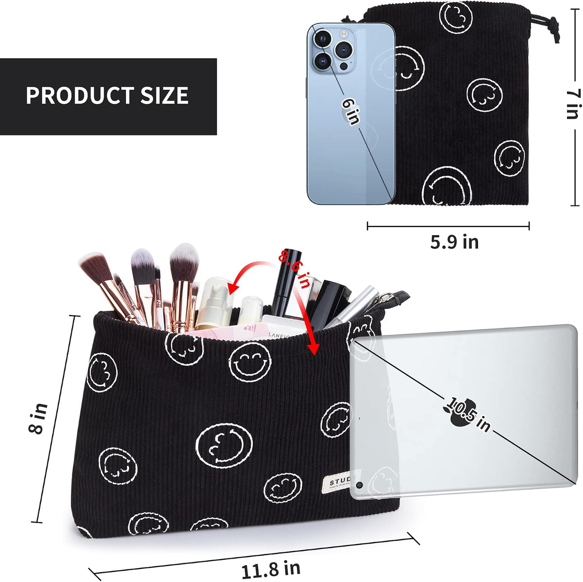 WLLWOO 2pcs Makeup Bag Checkered Corduroy Cosmetic Pouch for Women Purse