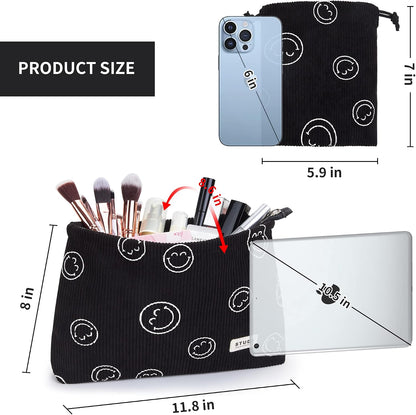 WLLWOO 2pcs Makeup Bag Checkered Corduroy Cosmetic Pouch for Women Purse
