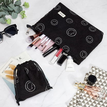 WLLWOO 2pcs Makeup Bag Checkered Corduroy Cosmetic Pouch for Women Purse
