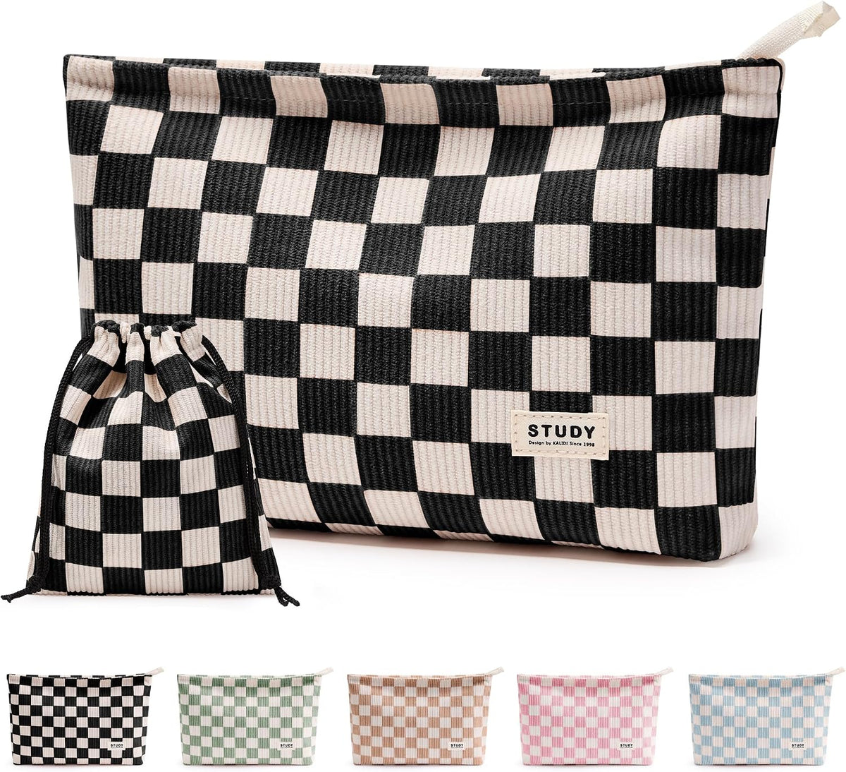 WLLWOO 2pcs Makeup Bag Checkered Corduroy Cosmetic Pouch for Women Purse