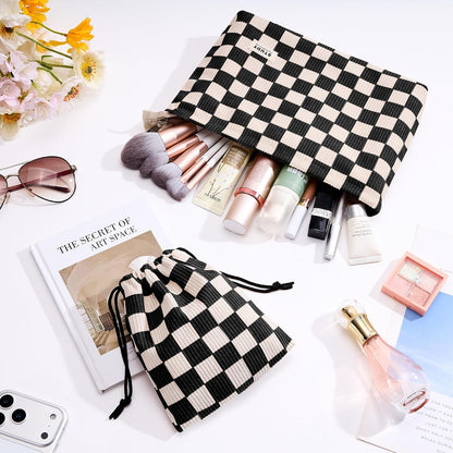 WLLWOO 2pcs Makeup Bag Checkered Corduroy Cosmetic Pouch for Women Purse