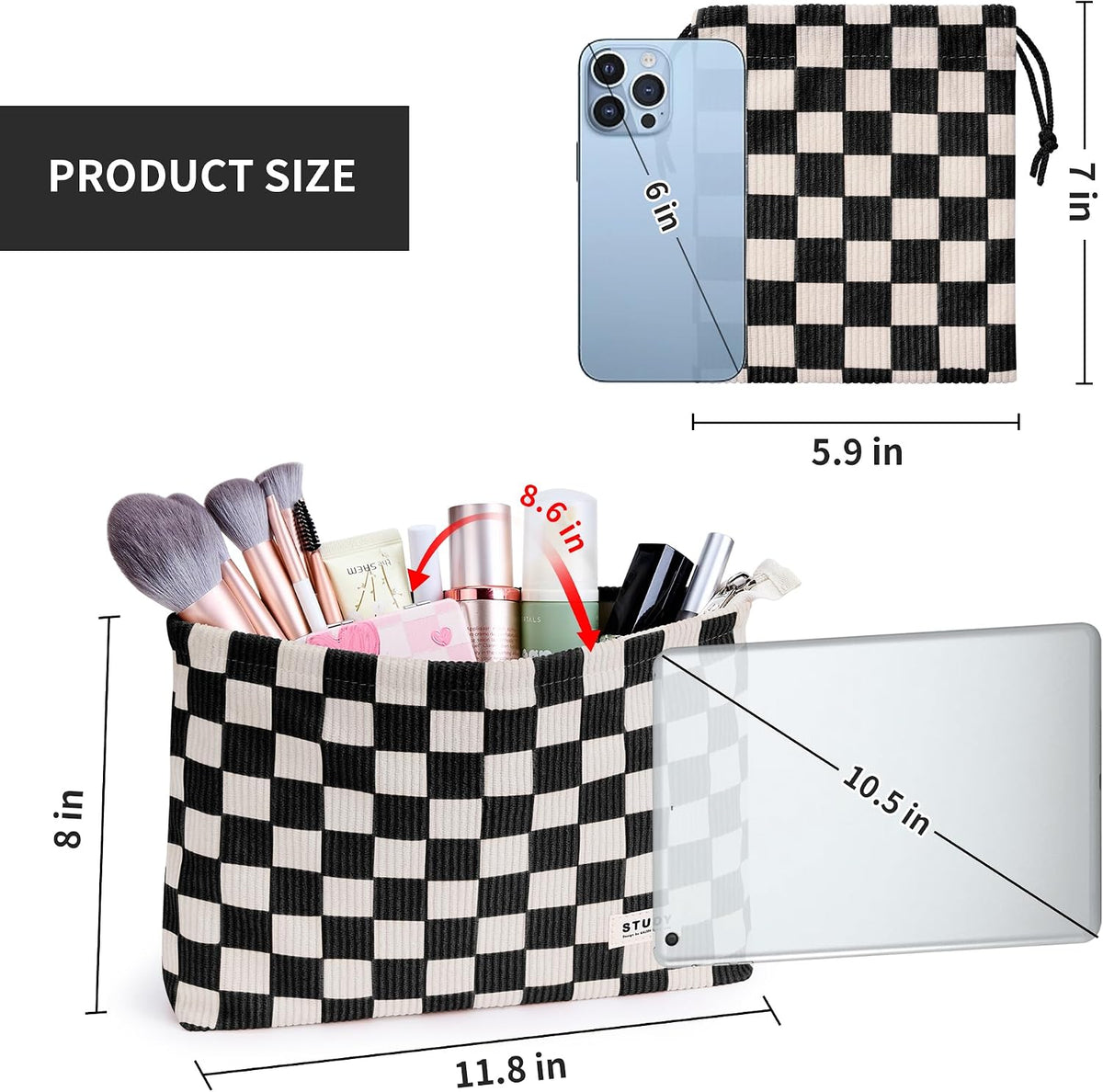 WLLWOO 2pcs Makeup Bag Checkered Corduroy Cosmetic Pouch for Women Purse