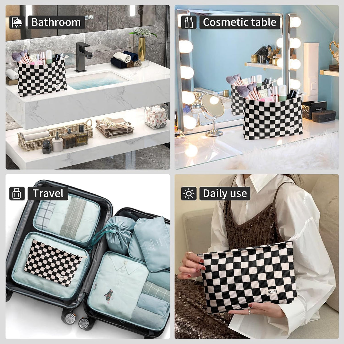 WLLWOO 2pcs Makeup Bag Checkered Corduroy Cosmetic Pouch for Women Purse