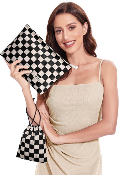 WLLWOO 2pcs Makeup Bag Checkered Corduroy Cosmetic Pouch for Women Purse