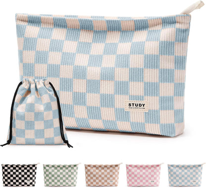 WLLWOO 2pcs Makeup Bag Checkered Corduroy Cosmetic Pouch for Women Purse