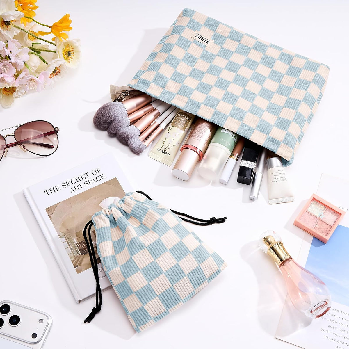 WLLWOO 2pcs Makeup Bag Checkered Corduroy Cosmetic Pouch for Women Purse