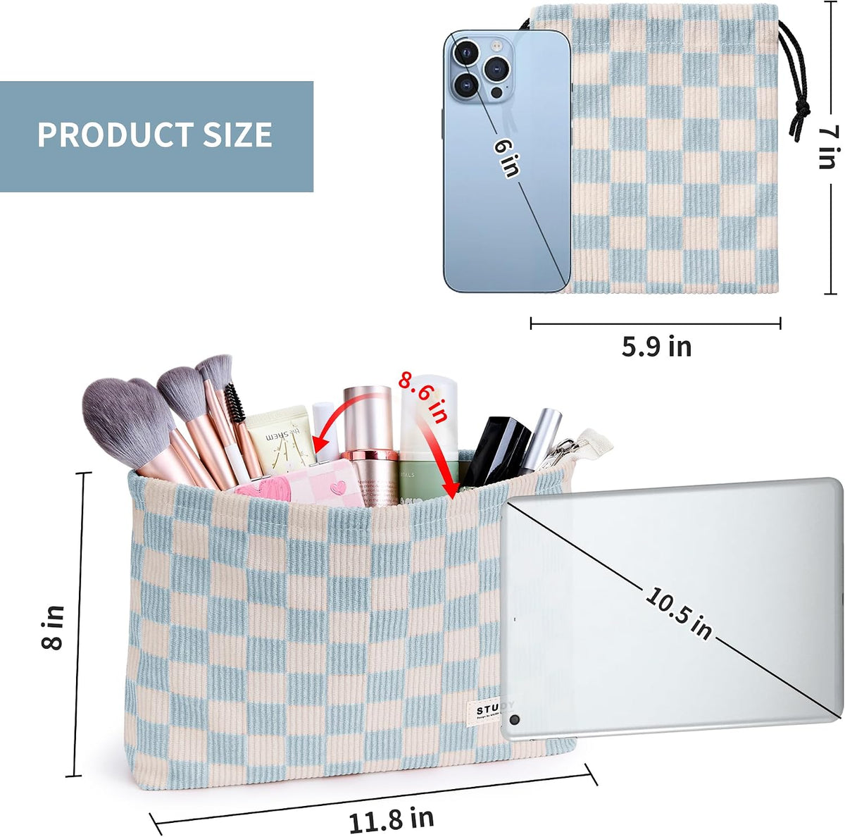 WLLWOO 2pcs Makeup Bag Checkered Corduroy Cosmetic Pouch for Women Purse