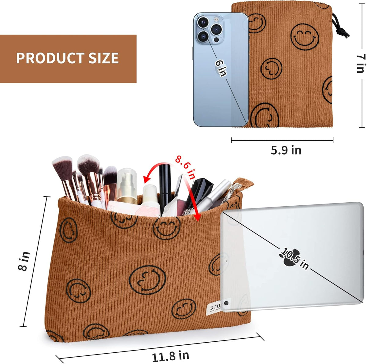 WLLWOO 2pcs Makeup Bag Checkered Corduroy Cosmetic Pouch for Women Purse