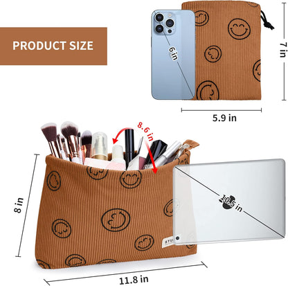 WLLWOO 2pcs Makeup Bag Checkered Corduroy Cosmetic Pouch for Women Purse