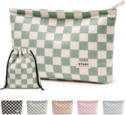 WLLWOO 2pcs Makeup Bag Checkered Corduroy Cosmetic Pouch for Women Purse