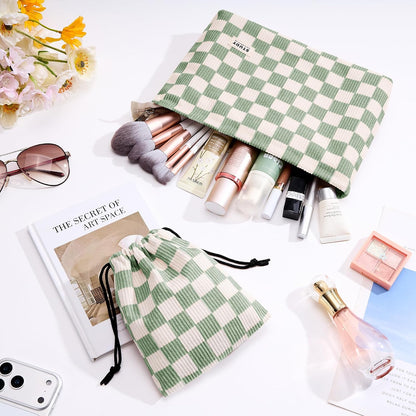 WLLWOO 2pcs Makeup Bag Checkered Corduroy Cosmetic Pouch for Women Purse