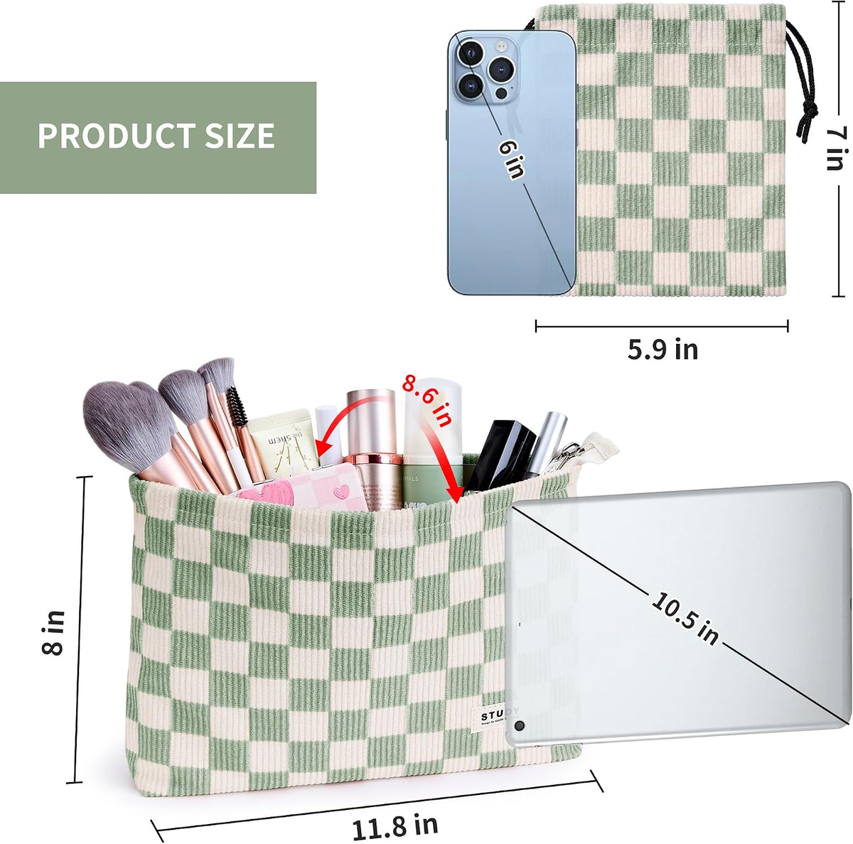 WLLWOO 2pcs Makeup Bag Checkered Corduroy Cosmetic Pouch for Women Purse