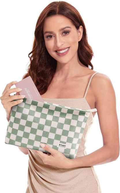 WLLWOO 2pcs Makeup Bag Checkered Corduroy Cosmetic Pouch for Women Purse