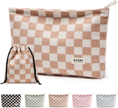 WLLWOO 2pcs Makeup Bag Checkered Corduroy Cosmetic Pouch for Women Purse