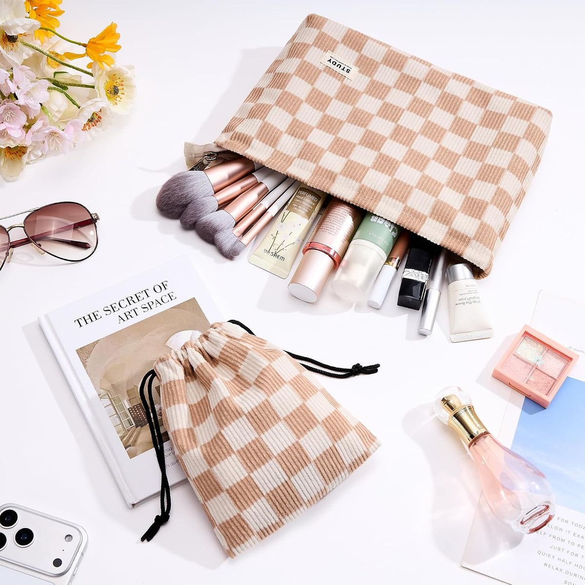WLLWOO 2pcs Makeup Bag Checkered Corduroy Cosmetic Pouch for Women Purse