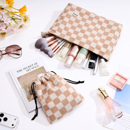 WLLWOO 2pcs Makeup Bag Checkered Corduroy Cosmetic Pouch for Women Purse