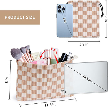 WLLWOO 2pcs Makeup Bag Checkered Corduroy Cosmetic Pouch for Women Purse