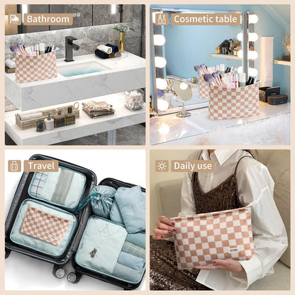 WLLWOO 2pcs Makeup Bag Checkered Corduroy Cosmetic Pouch for Women Purse