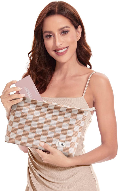 WLLWOO 2pcs Makeup Bag Checkered Corduroy Cosmetic Pouch for Women Purse