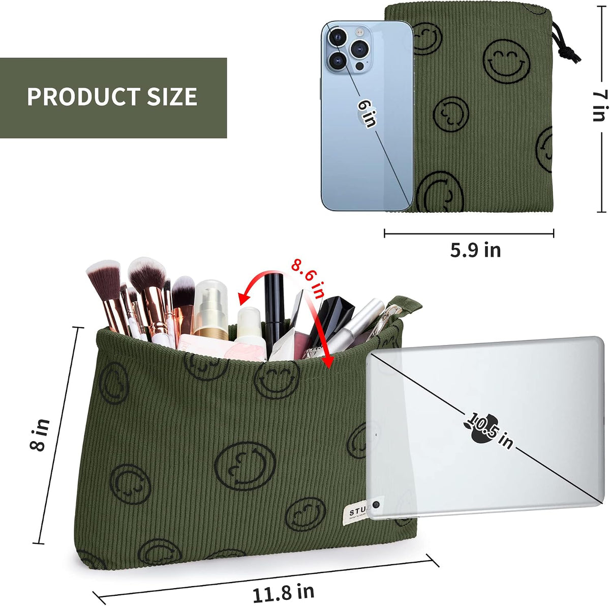 WLLWOO 2pcs Makeup Bag Checkered Corduroy Cosmetic Pouch for Women Purse