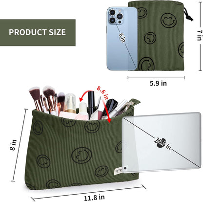 WLLWOO 2pcs Makeup Bag Checkered Corduroy Cosmetic Pouch for Women Purse