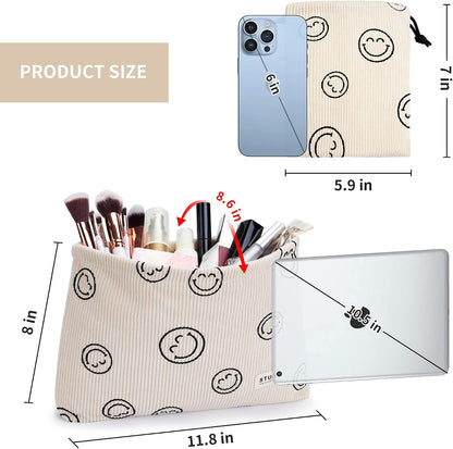 WLLWOO 2pcs Makeup Bag Checkered Corduroy Cosmetic Pouch for Women Purse
