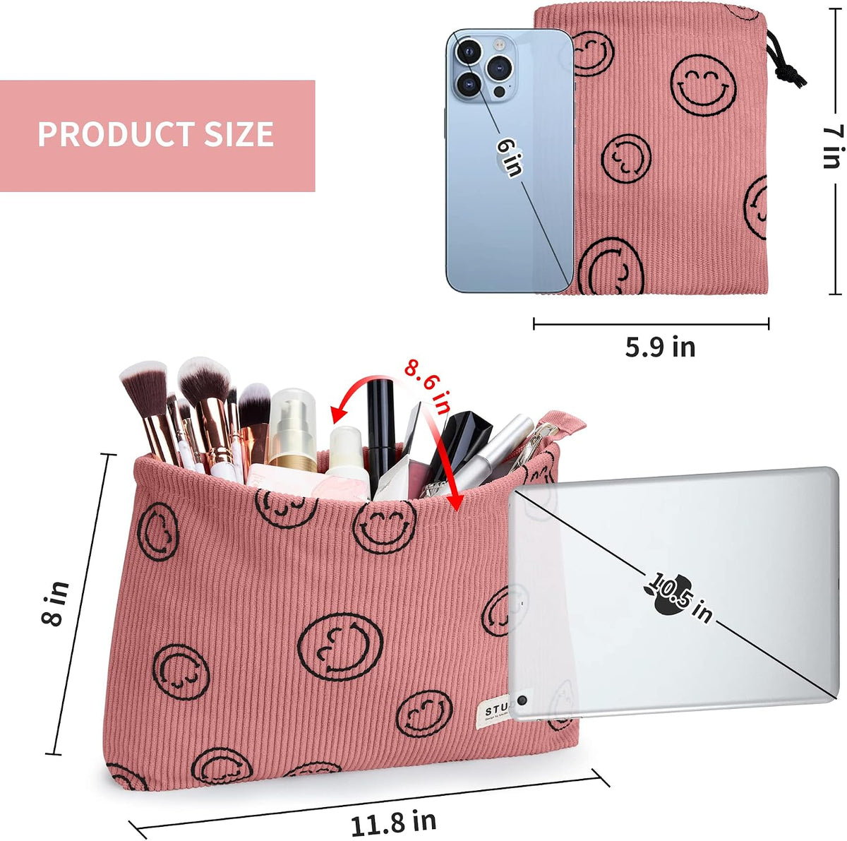WLLWOO 2pcs Makeup Bag Checkered Corduroy Cosmetic Pouch for Women Purse