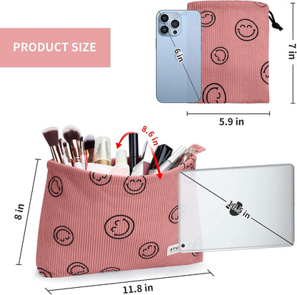 WLLWOO 2pcs Makeup Bag Checkered Corduroy Cosmetic Pouch for Women Purse