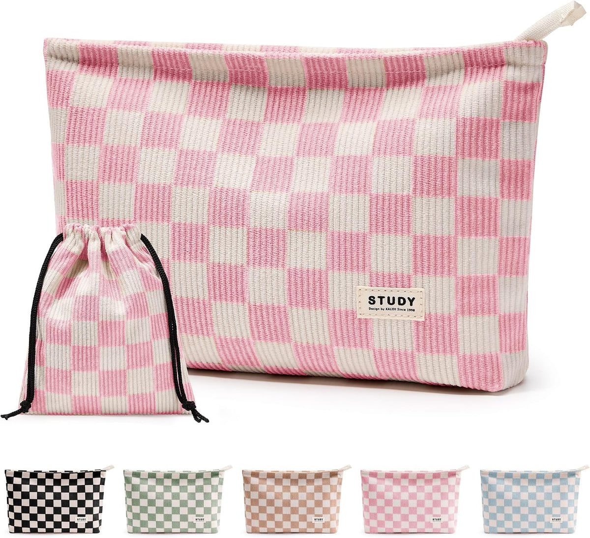 WLLWOO 2pcs Makeup Bag Checkered Corduroy Cosmetic Pouch for Women Purse
