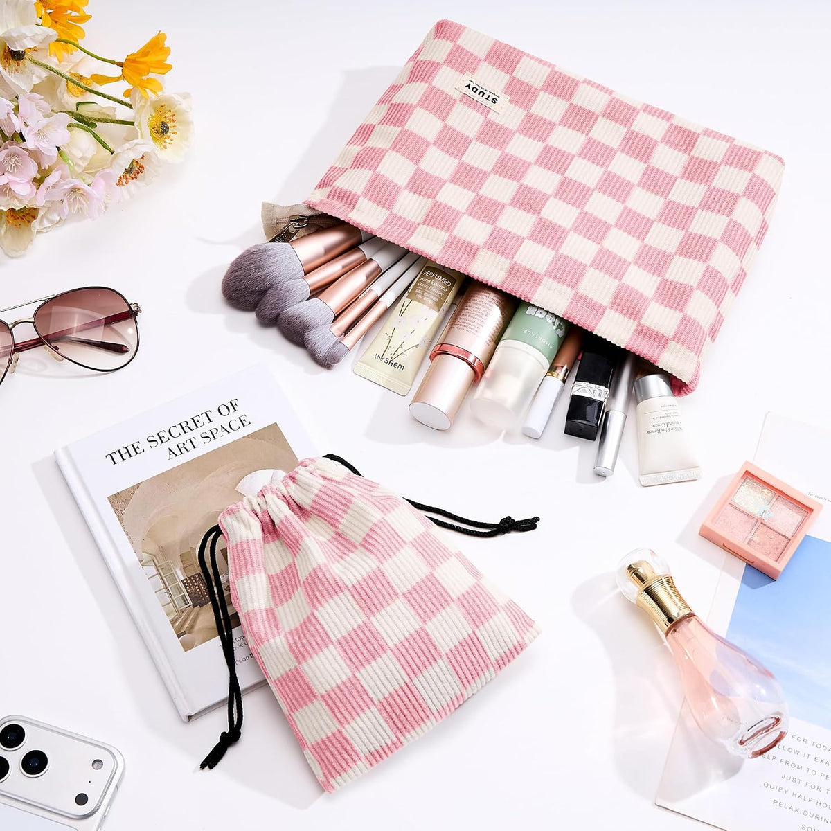 WLLWOO 2pcs Makeup Bag Checkered Corduroy Cosmetic Pouch for Women Purse