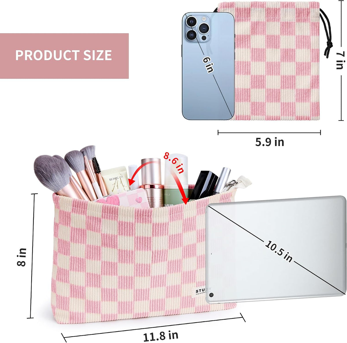 WLLWOO 2pcs Makeup Bag Checkered Corduroy Cosmetic Pouch for Women Purse
