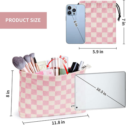 WLLWOO 2pcs Makeup Bag Checkered Corduroy Cosmetic Pouch for Women Purse