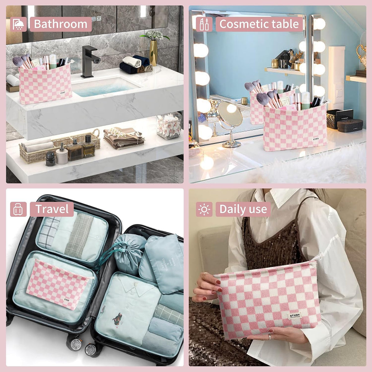 WLLWOO 2pcs Makeup Bag Checkered Corduroy Cosmetic Pouch for Women Purse