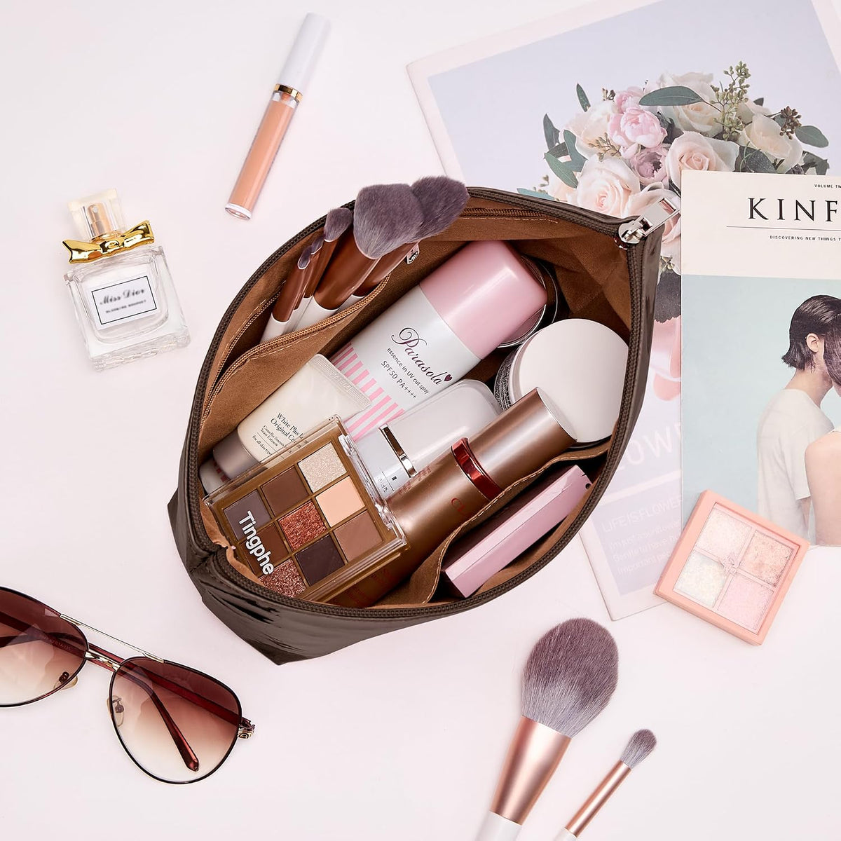 WLLWOO 2pcs Makeup Bag Checkered Corduroy Cosmetic Pouch for Women Purse