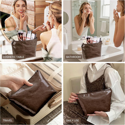 WLLWOO 2pcs Makeup Bag Checkered Corduroy Cosmetic Pouch for Women Purse