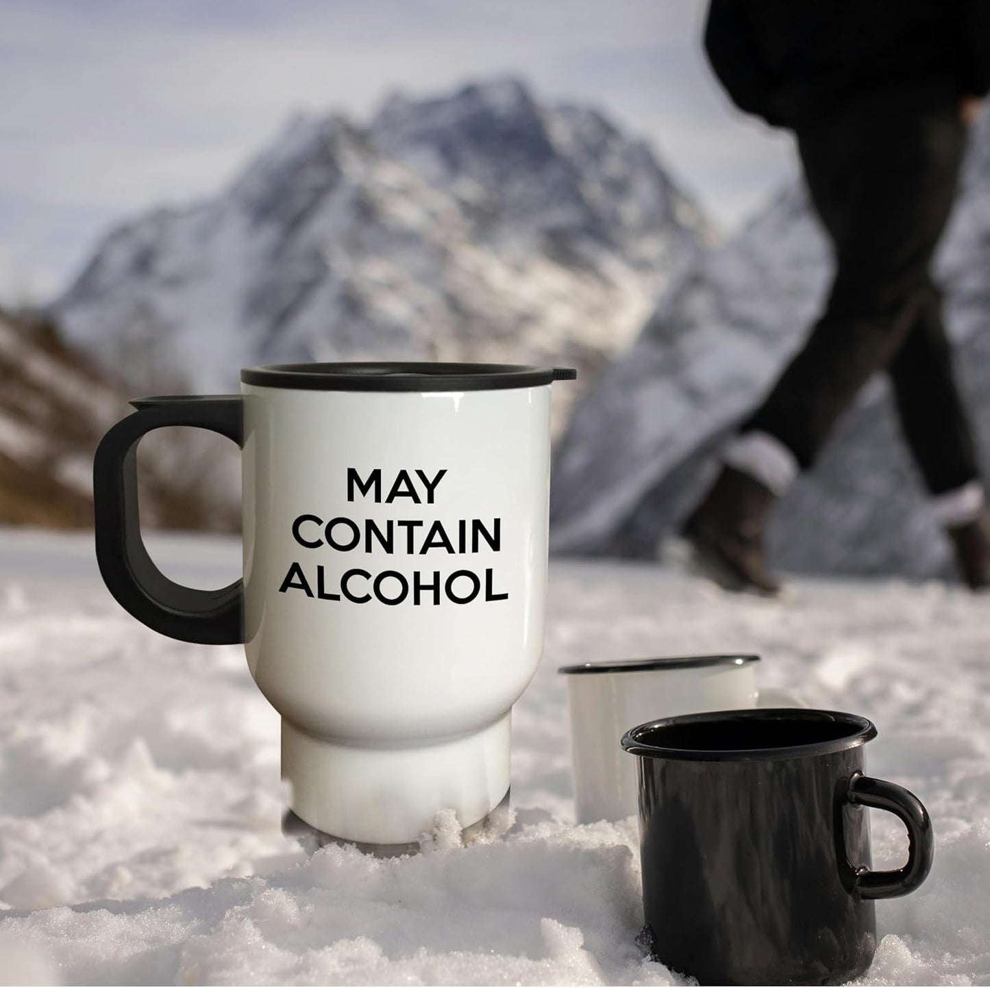 MAY CONTAIN ALCOHOL Travel Mug, 14 oz, Stainless Steel, White