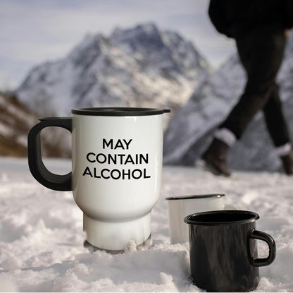 MAY CONTAIN ALCOHOL Travel Mug, 14 oz, Stainless Steel, White