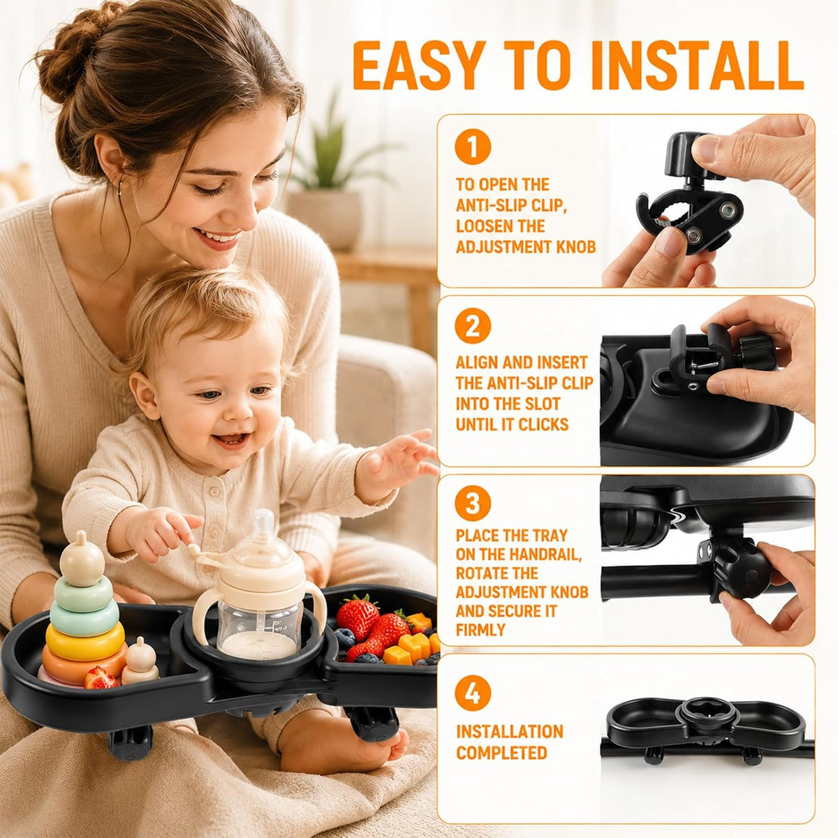 Snack Tray Compatible with Baby Jogger City Mini GT2 – 3-in-1 Stroller Snack Tray Attachment with Deep Cup Holders, Easy Installation, Fits Inward-Curved Handlebars - Ideal Gift for Parents