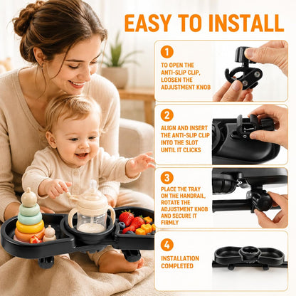 Snack Tray Compatible with Baby Jogger City Mini GT2 – 3-in-1 Stroller Snack Tray Attachment with Deep Cup Holders, Easy Installation, Fits Inward-Curved Handlebars - Ideal Gift for Parents