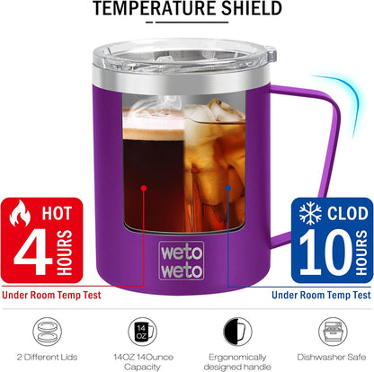 Coffee Mug with Handle, 14oz Insulated Stainless Steel Coffee Travel Mug, Double Wall Vacuum Reusable Coffee Cup with Lid, Powder Coated Rose Gold