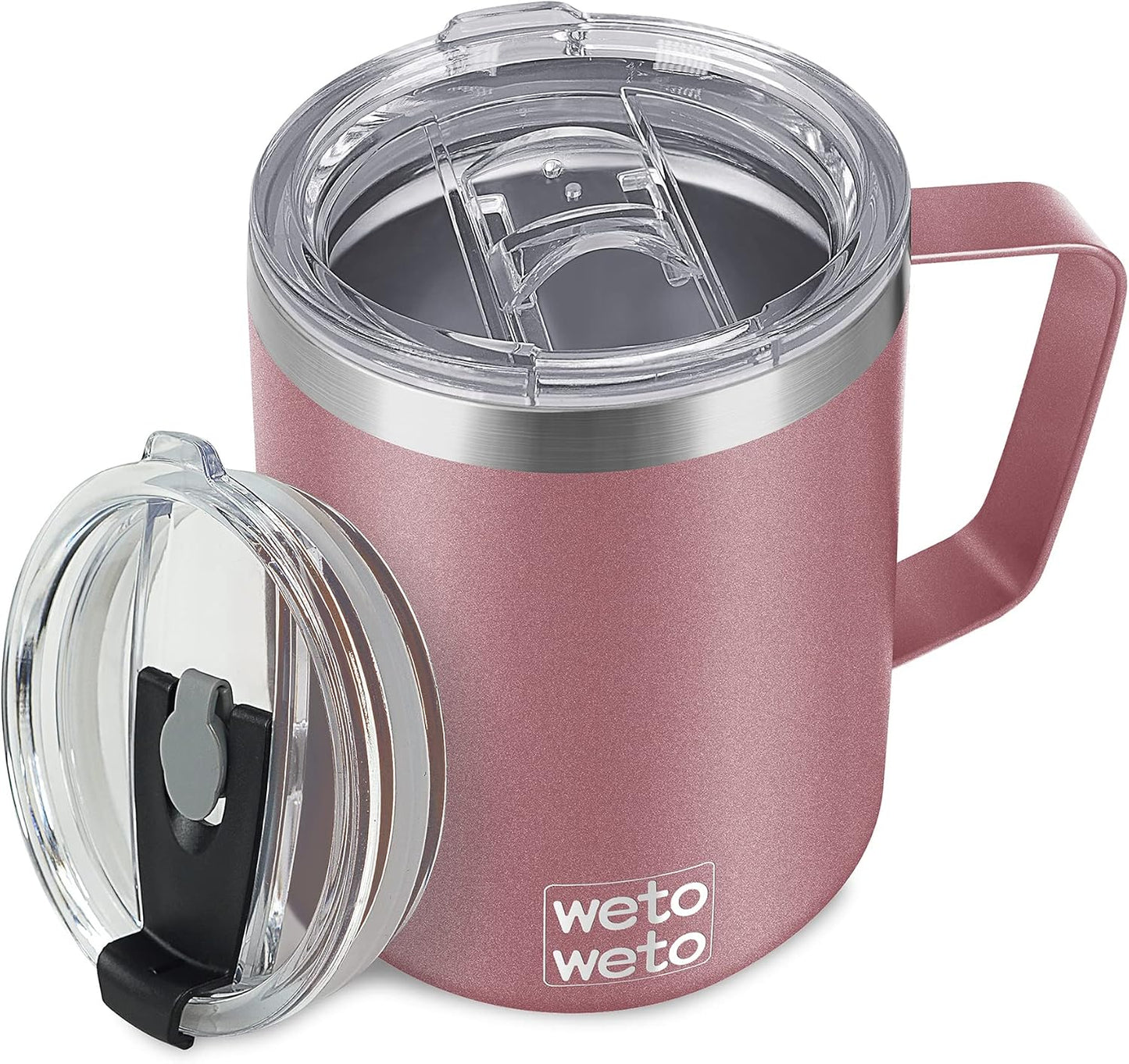 Coffee Mug with Handle, 14oz Insulated Stainless Steel Coffee Travel Mug, Double Wall Vacuum Reusable Coffee Cup with Lid, Powder Coated Rose Gold
