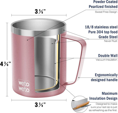 Coffee Mug with Handle, 14oz Insulated Stainless Steel Coffee Travel Mug, Double Wall Vacuum Reusable Coffee Cup with Lid, Powder Coated Rose Gold