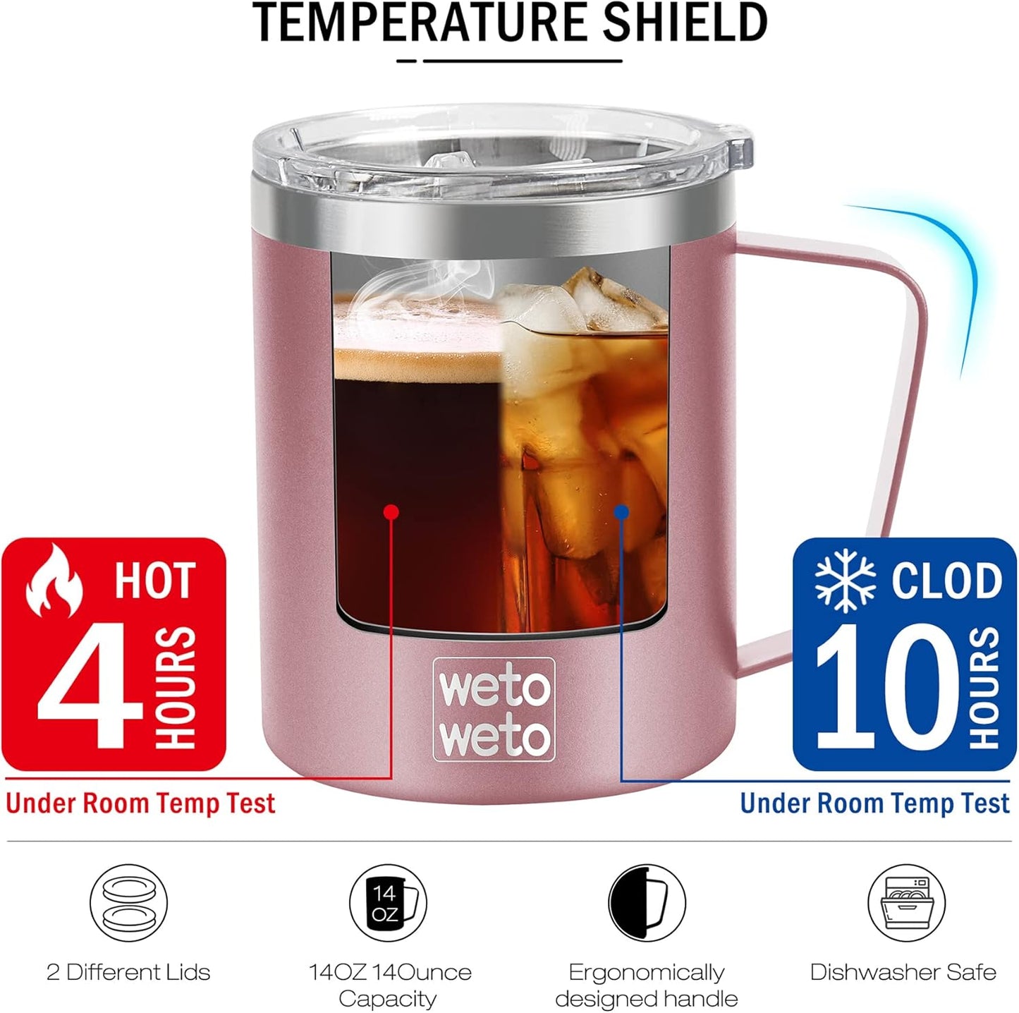 Coffee Mug with Handle, 14oz Insulated Stainless Steel Coffee Travel Mug, Double Wall Vacuum Reusable Coffee Cup with Lid, Powder Coated Rose Gold