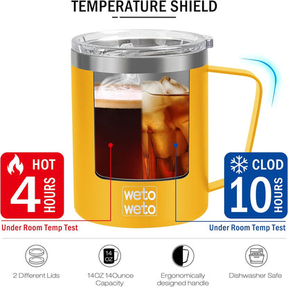 Coffee Mug with Handle, 14oz Insulated Stainless Steel Coffee Travel Mug, Double Wall Vacuum Reusable Coffee Cup with Lid, Powder Coated Rose Gold