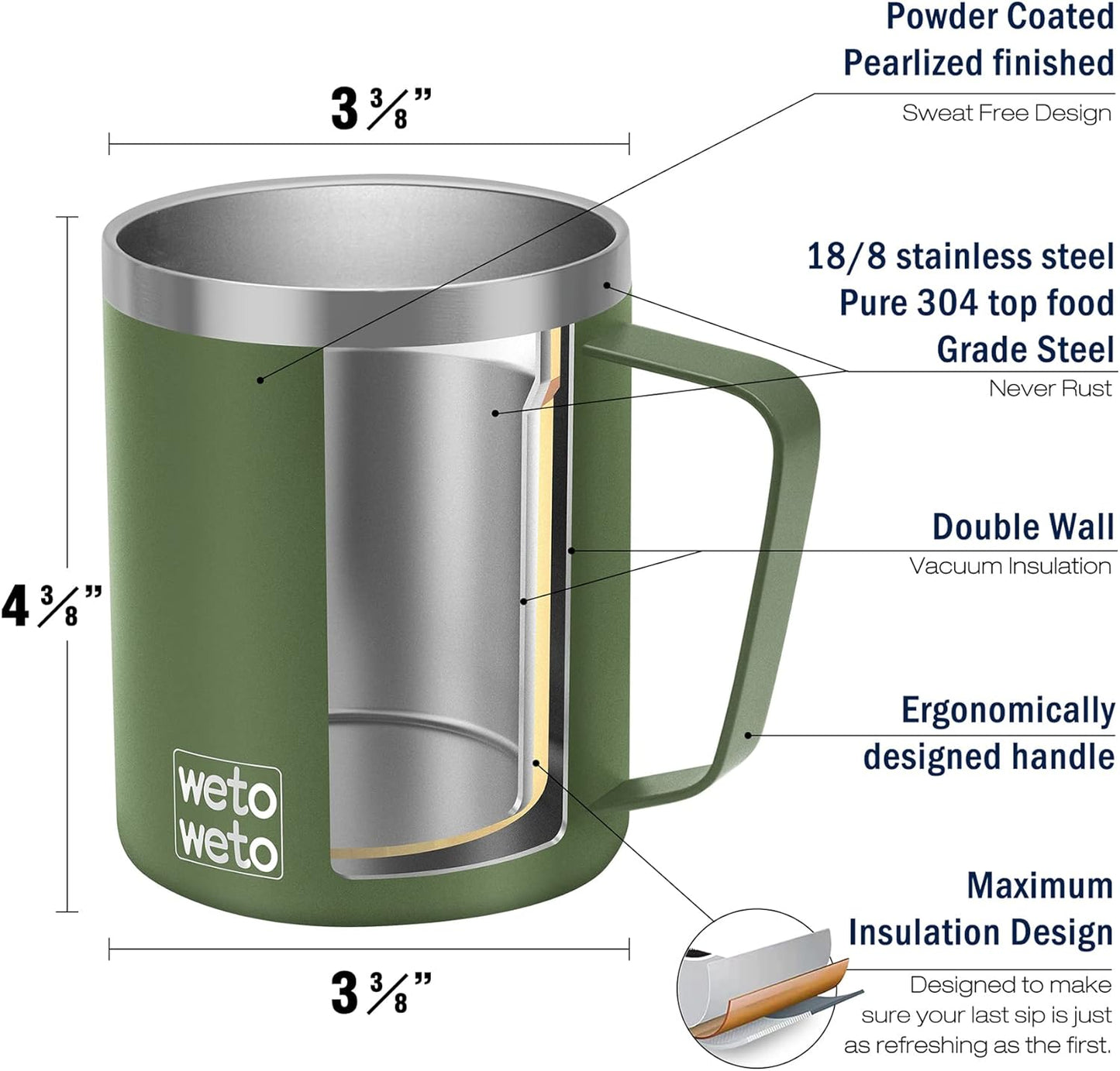 Coffee Mug with Handle, 14oz Insulated Stainless Steel Coffee Travel Mug, Double Wall Vacuum Reusable Coffee Cup with Lid, Powder Coated Rose Gold