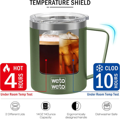 Coffee Mug with Handle, 14oz Insulated Stainless Steel Coffee Travel Mug, Double Wall Vacuum Reusable Coffee Cup with Lid, Powder Coated Rose Gold
