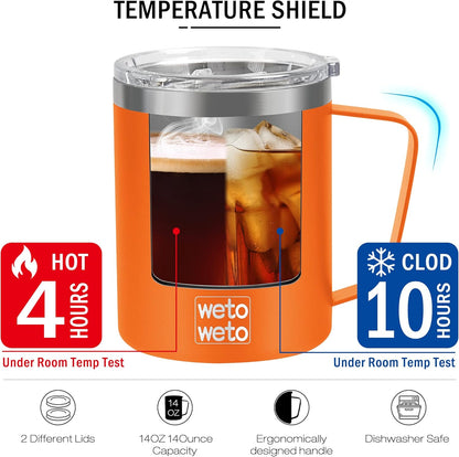Coffee Mug with Handle, 14oz Insulated Stainless Steel Coffee Travel Mug, Double Wall Vacuum Reusable Coffee Cup with Lid, Powder Coated Rose Gold